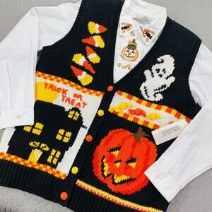 Vintage Karen Scott 2 Piece Vest Shirt Halloween Large NWT Ghost Pumpkin Knitted